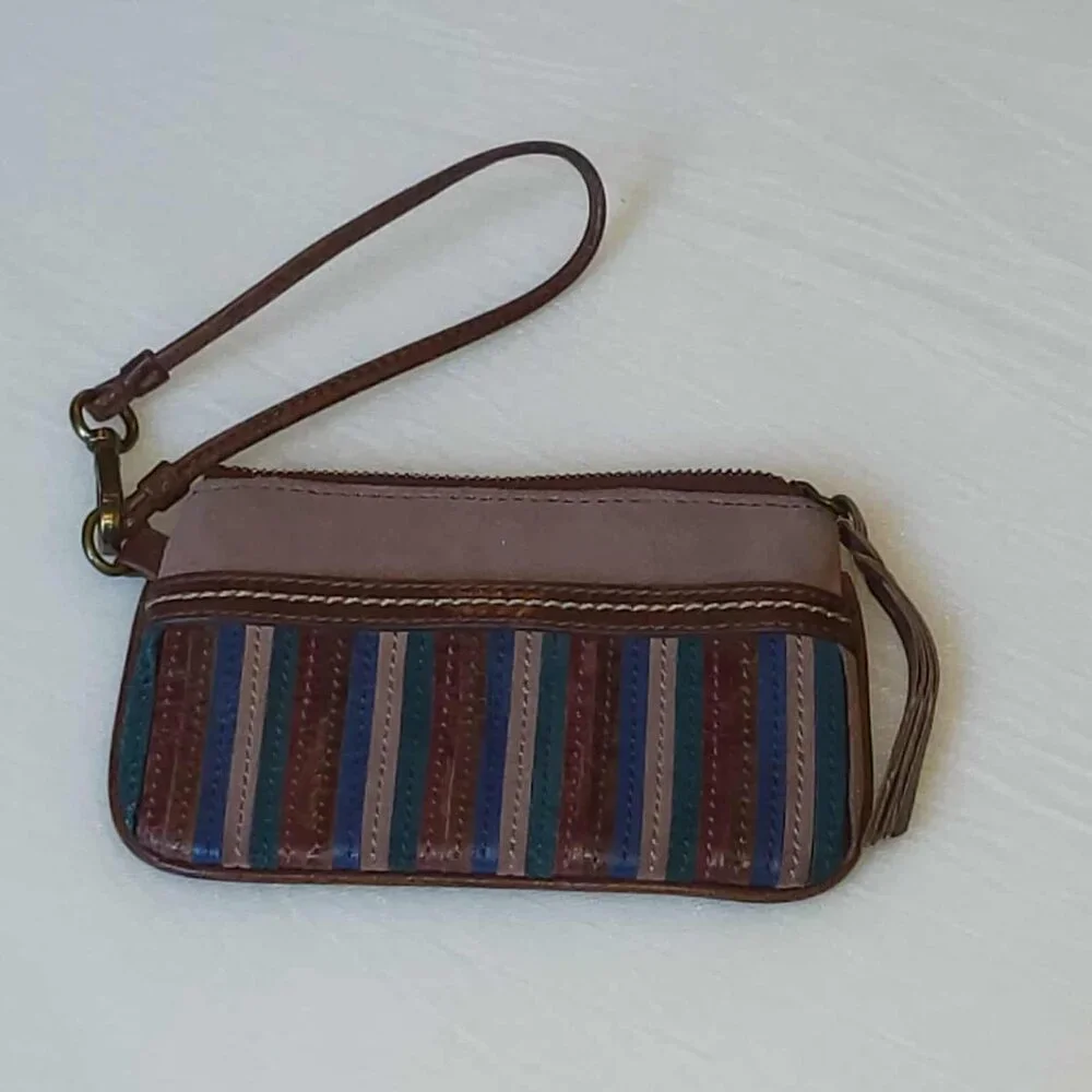 The Sak Wristlet Leather Bag Patchwork Striped Boho Wallet Retro